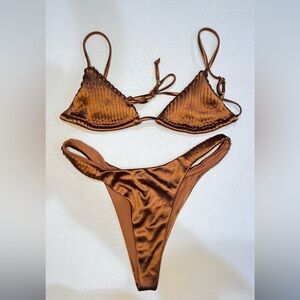 MESHKI Brown Double Strap Triangle Bikini Set Adjustable Spaghetti XS